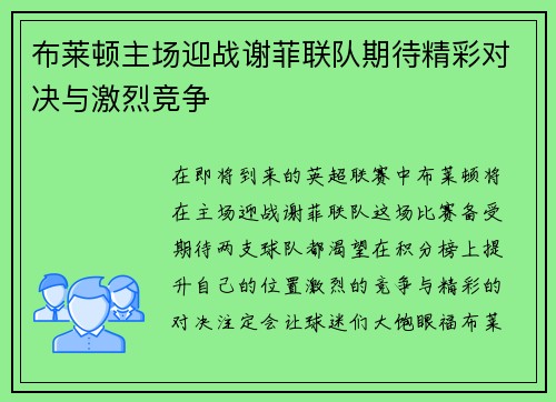 布莱顿主场迎战谢菲联队期待精彩对决与激烈竞争